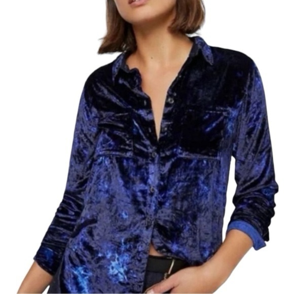 NWT Anthropologie Midnight Blue Velvet Button Down Shirt - Picture 1 of 8